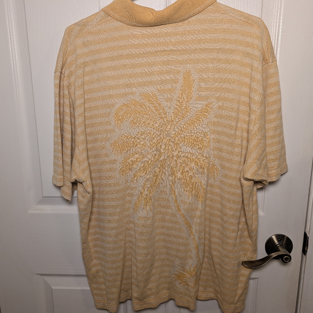 Tommy Bahama 18 Golf Yellow Striped Palm Tree L Silk Blend Short Sleeve Polo